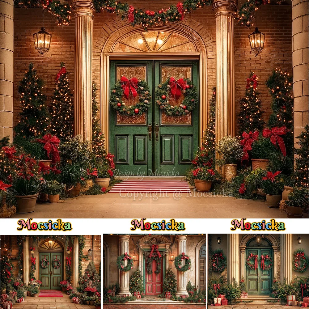 Mocsicka عيد الميلاد قصر الباب الأمامي خلفية التصوير الفوتوغرافي ليلة رأس السنة الفوانيس شجرة عيد الميلاد إكليل خلفية الشتاء طفل صور