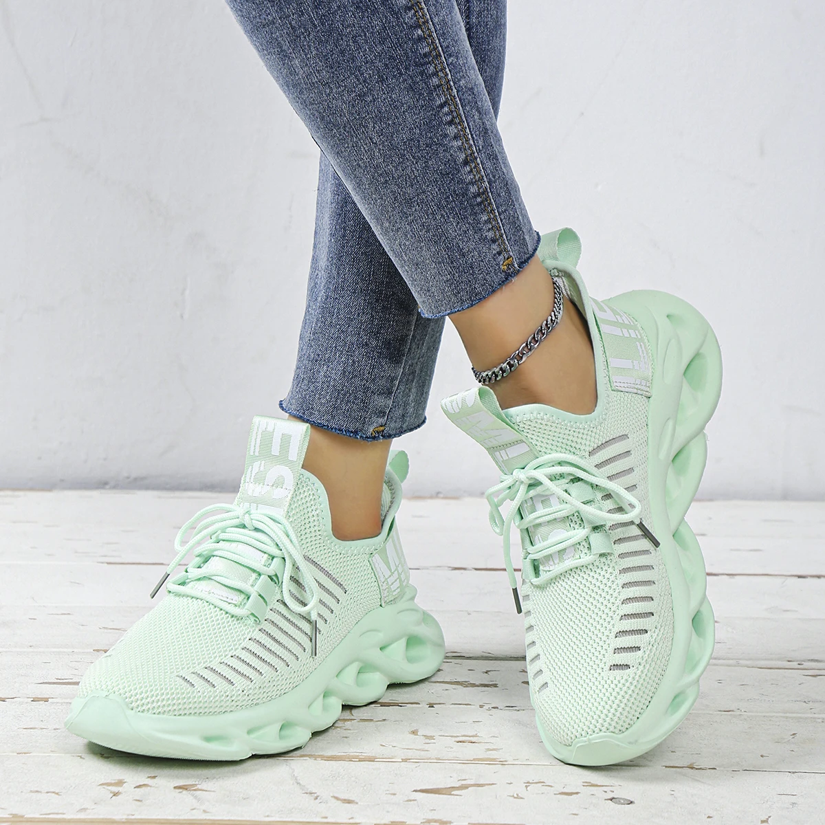 Women's Sporty Striped 'Mother' Print Decorated Blade Sole Fabric Slip-On Sneakers