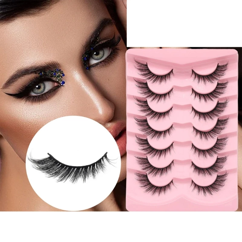 7Pairs False Eyelashes Cat Eye Look Natural Wispy Lashes Extension Volumed Fuzzy Fake Eyelashes Faux Mink Lashes Strips