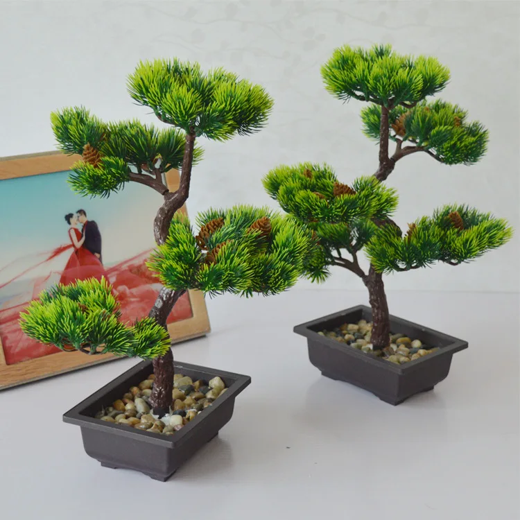 Artificial Welcome Pine Bonsai Plastic Green Plant Mini Potted Plant Desktop Set Home Furnishings Creative Decorations