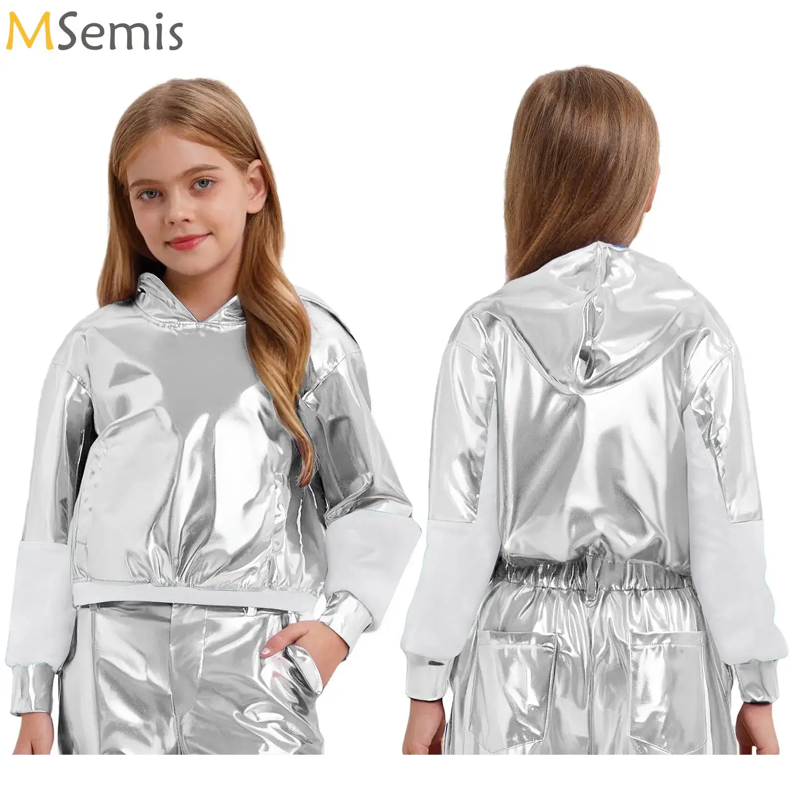 

Fashion Children Stage Jazz Dance Costume Kids Boys Girls Metallic Hip-Hop Hoodie Sweatshirt Pullover for Performance Dancewear