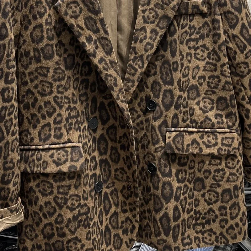 Damski Wiosenno-Jesienny Komplet: Top, Płaszcz, Garnitur, Leopard, Dwurzędowy, Średniej Długości, Vintage, Prosty, Wygodny, Casualowy, Niszowy, Uniwersalny, Wyszczuplający