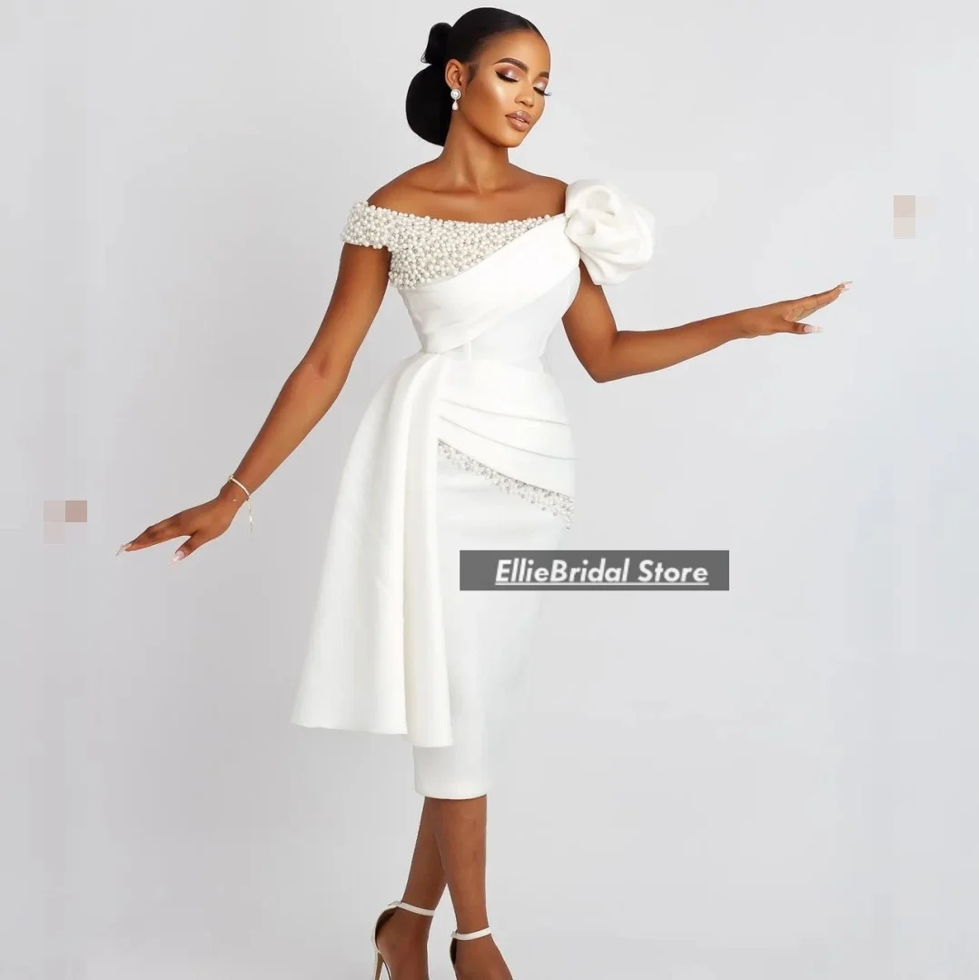 Stylish Civil Wedding Dresses Off The Shoulder Pearls Tea Length Bridal Gowns Satin vestidos de novia Customized