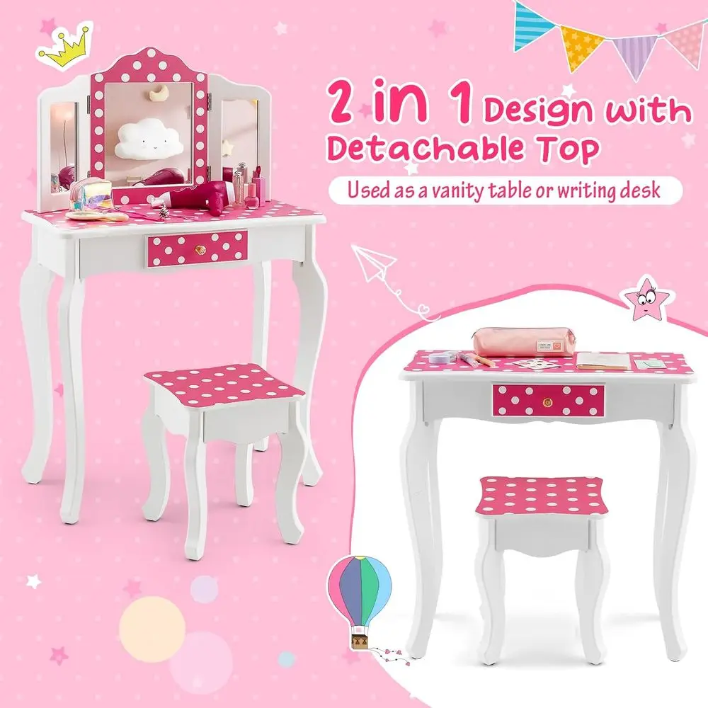 Kids Vanity Table and Chair Set, Girls Vanity Set with Mirror and Stool, Storage Der, Wooden PrincMakeup Dring Table, Vanity Set