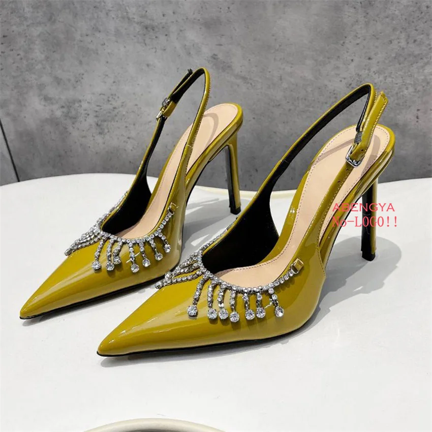 

2025 Summer Leather Crystal High Heel Shoes Woman Pointy Toe Slingback Dress Shoes Designer Sexy Party Prom Shoes for Woman