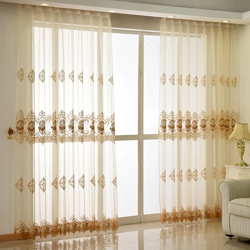 

Custom Size European Embroidery Flowers White Tulle Luxury Beige Sheer Curtains for Living Room Bedroom Dining Window Decor