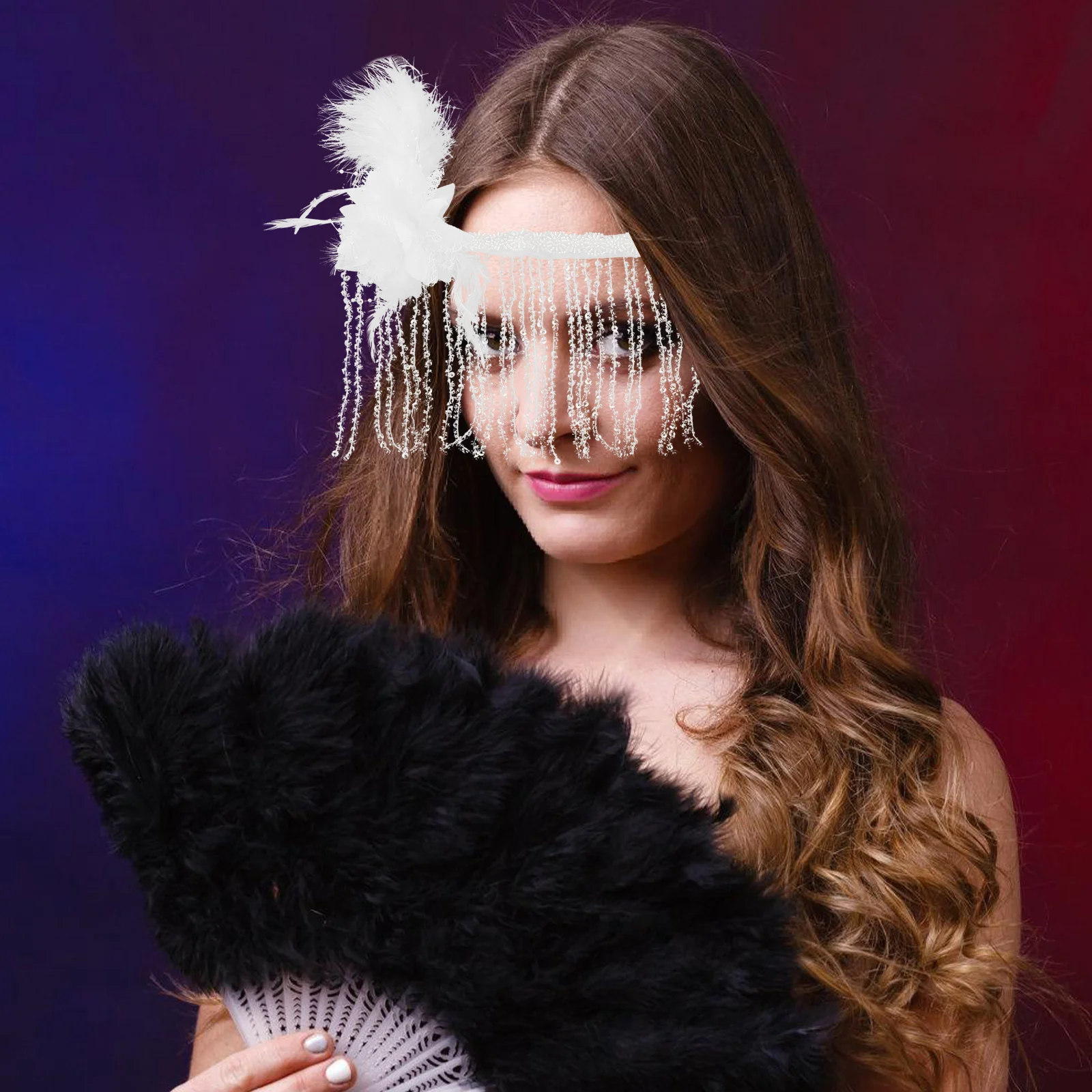 

Feathered Tassel Mask White Gothic Punk Design Elegant Cover for Masquerade Ball Prom Costume Party Venetian Mardi