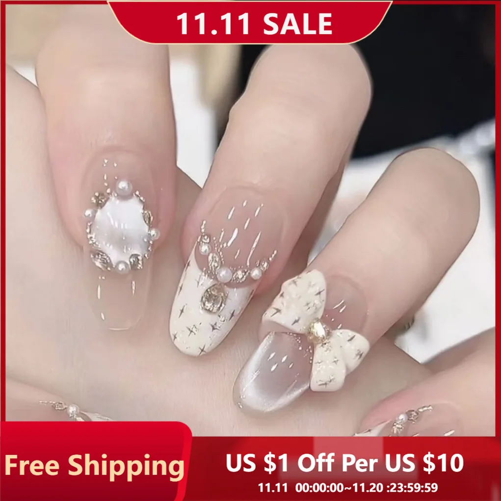 10 Stück handgefertigte Nagelspitzen zum Aufdrücken, mittelgroß, oval, französische Katzenschleife, vollständige Abdeckung, Nagelspitzen für Frauen und Mädchen, abnehmbarer, tragbarer Kunstnagel