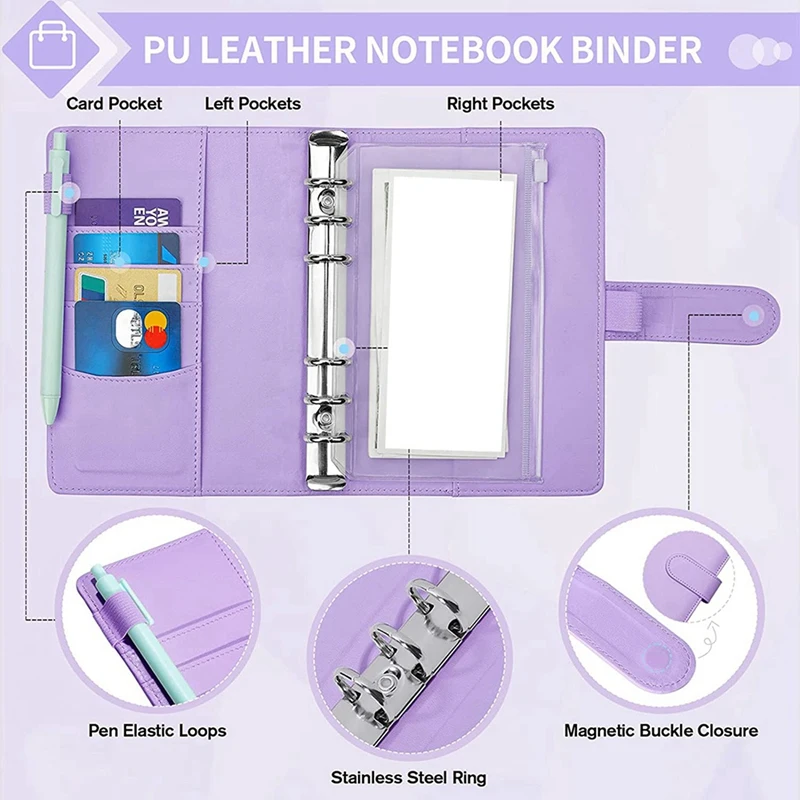 2 classeurs de budget A6 avec enveloppes à fermeture éclair, livre de planificateur budgétaire, organisateur d'économie d'argent, enveloppes d'argent violettes