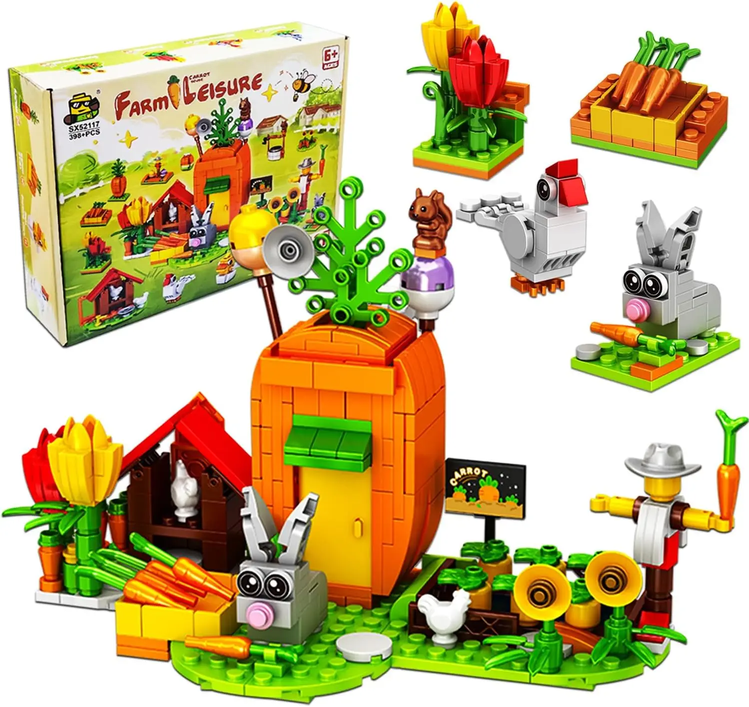 

12 in 1 Bunny Carrot House Building Blocks Farm Sets - Farm Animals Toys for Kids 3+