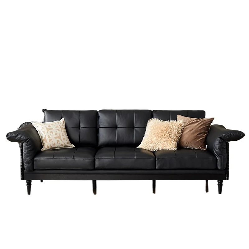 

French retro leather sofa solid wood antique living room home straight row new high-end furniture