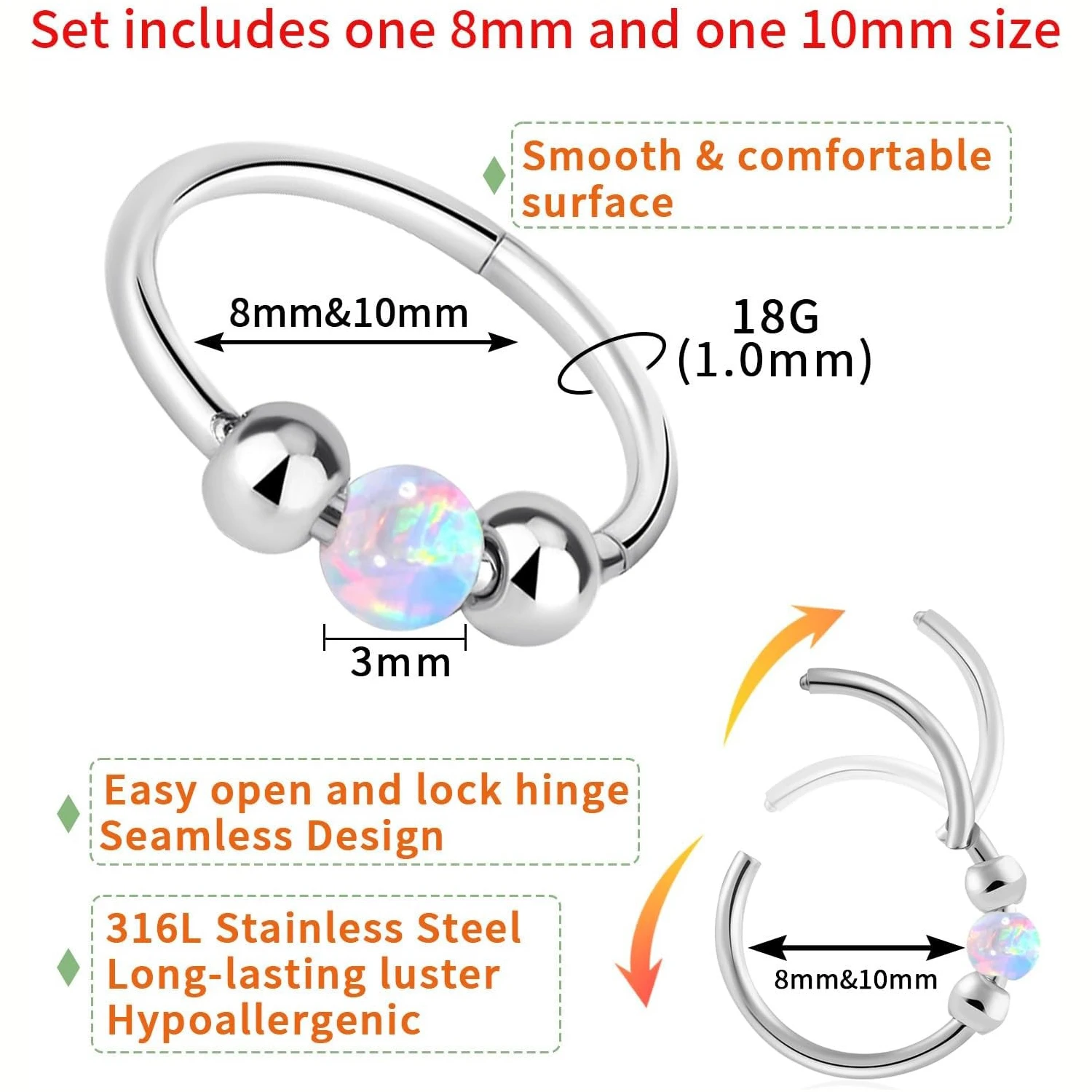 Surgical Steel Nose Rings Hoop 18g 20g Opal Septum Rings 8mm/10mm Nose Piercing Jewelry Cartilage Earring for Women