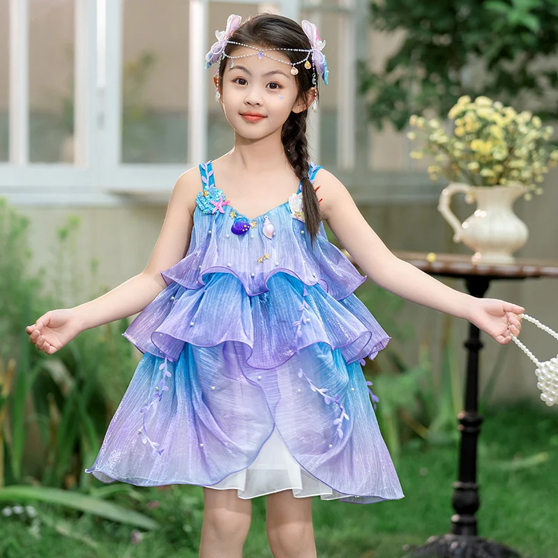 

2024 New Summer Little Girl Mermaid Dress vest skirt breathable fabric exotic little girl party super fairy dress with suspender