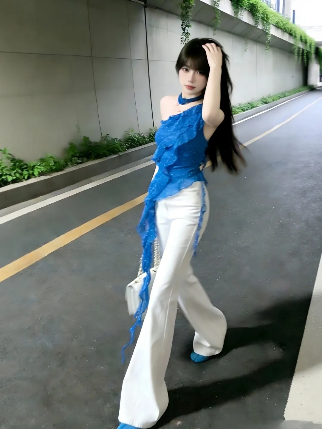 

Korean Style Unique Shoulder Slanting Denim Wide Leg Pants Two Piece Set Fashionable Summer Outfit Comfortable Cotton Material