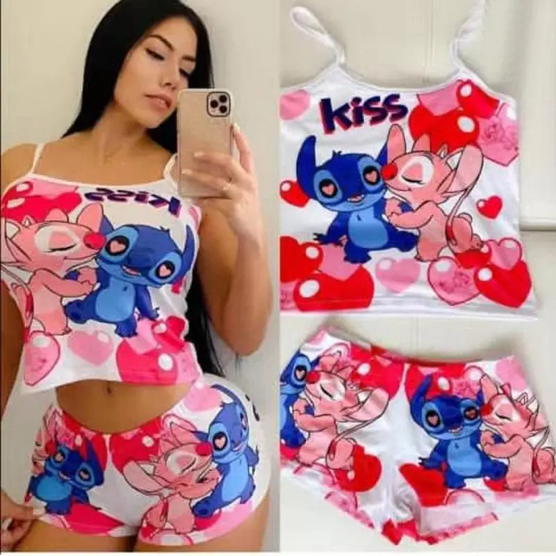 Kawaii Disney Stitch T-Shirt kurz ärmel ige Sommer Cartoon neue zweiteilige Yoga-Anzug Sports horts Anzug sexy Hosenträger Pyjama Anzug