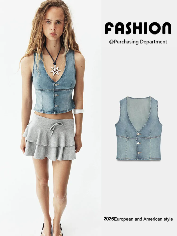 

Summer New Women's Slim Fit V-Neck Sleeveless Denim Vest Top Versatile Fashionable 1300061 407 Tang Suit Ethnic Chinese Style