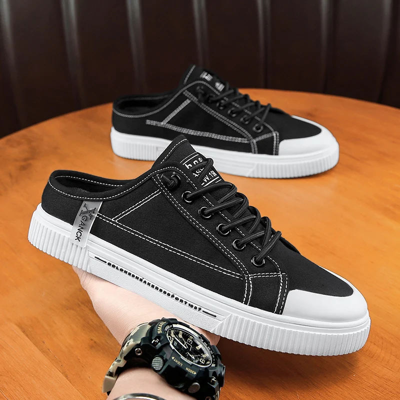 

High Quality Black Canvas Shoes for Walking and Leisure Semi Slip Wear-resistant Breathable Black and White Thick Soled Shoes