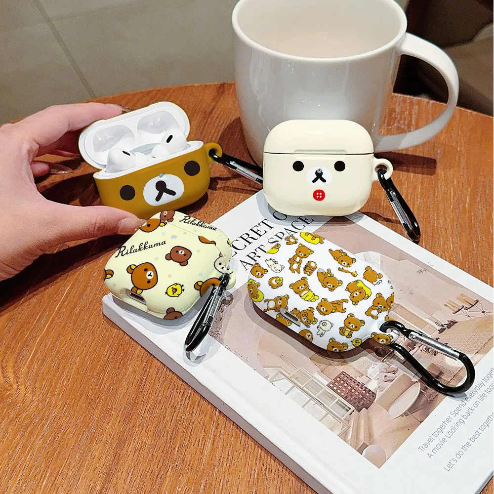 Cartoon Shockproof Glossy HD Hard PC Earphone Cover Case For AirPods 1 2 3 4 Pro Pro2 For R-Rilakkumas B-Bears with Metal Hook