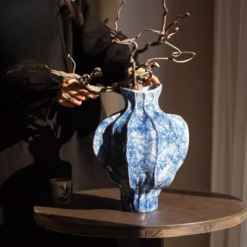 New Chinese hammer pattern ceramic vase wabi-sabi wind living room entrance flower arrangement decoration retro flower