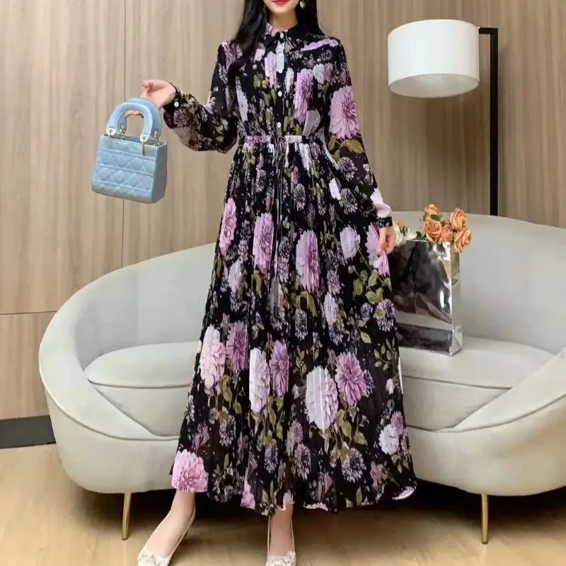 Flower Print Pleated Women 2025 Vestidos Long Sleeve Dresses Laple Neck Dress Belt Tunic Vestido Femininos Sweet Fresh Clothing