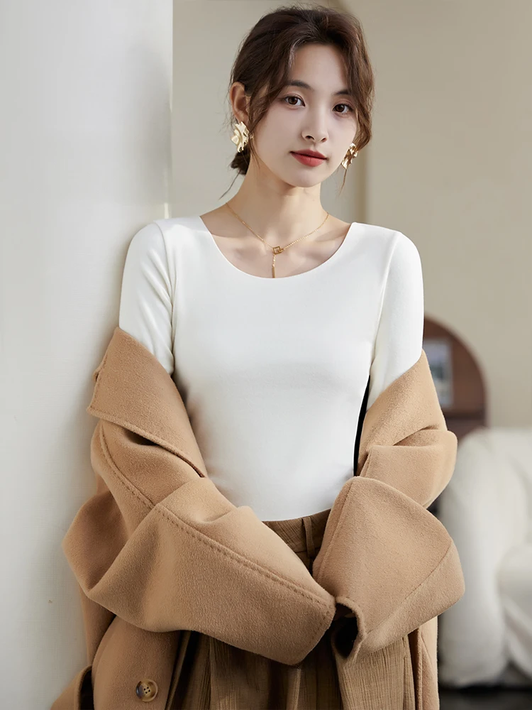 Ropa interior térmica para mujer, camisa base de manga larga con cuello redondo, top sin costuras con autocalentamiento, Otoño e Invierno