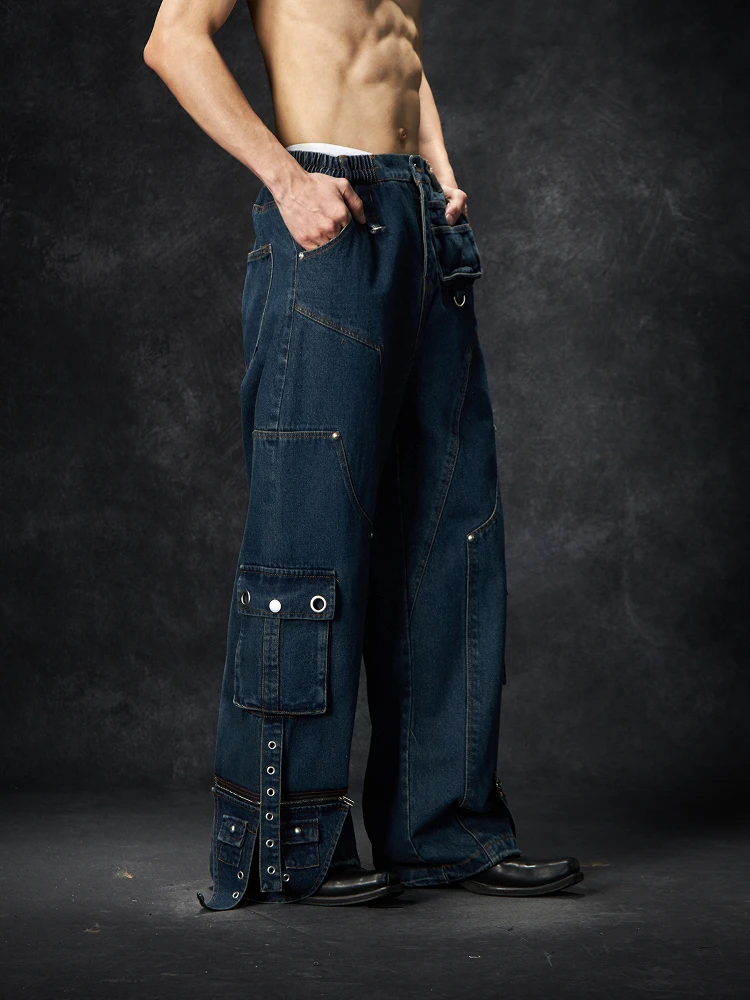 Special-Interest Design Super Heavy Industry High Street Multi-Pocket Ribbon Washed and Worn Jeans Baggy Straight Trousers
