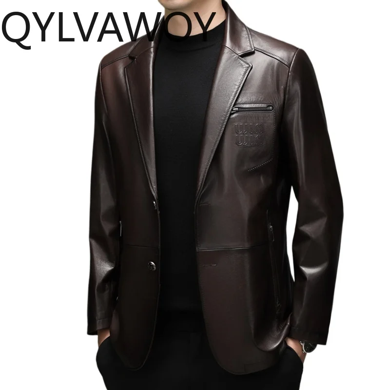 

QYLVAWOY Real Leather Jackets Man Goatskin Blazer Masculino Slim-fit Leather Coats Notched Lapel Blazer for Man Business Jaqueta