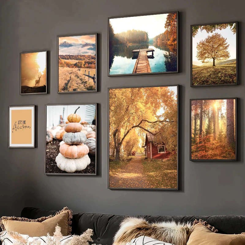 Autumn Country Landscape Lake Tree Animal Deer Forest Canvas Prints and Posters Pumpkin Reed Painting Living Room Picture Decor