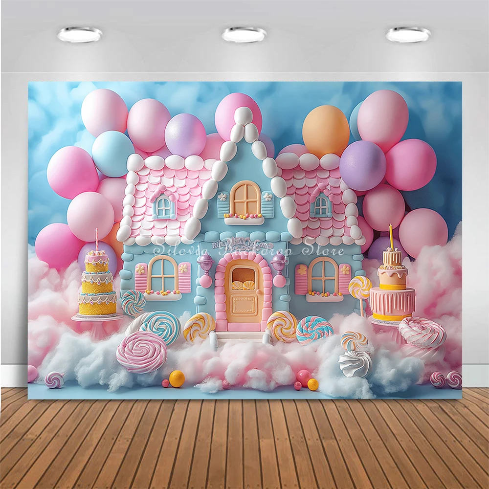 Sweet Candy House Photo Background Birthday Cake Smash Photography Backdrop Cotton Candy Lollipops Balloon Photo Studio Props