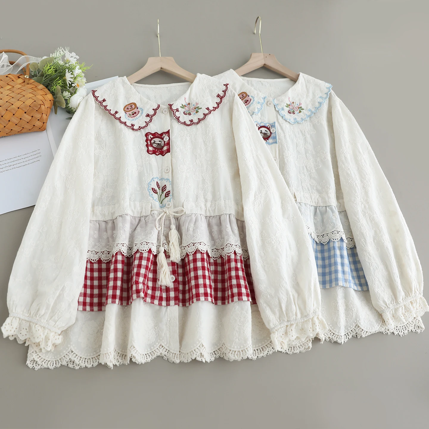 

Japanese Mori Girl Vintage Plaid Embroidery Patchwork Cotton Shirts Women Autumn Peter Pan Collar Long Sleeve Casual Blouse Tops
