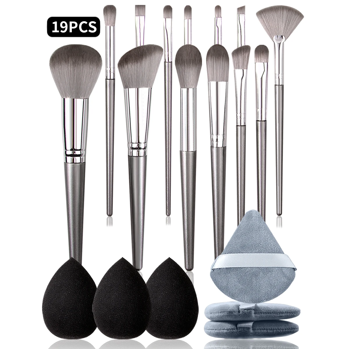 19-delige veganistische make-upborstel en sponskit / reizen - Pro synthetische penselen, 3 dubbele blenders en soezen, 6-in-1 cadeauset