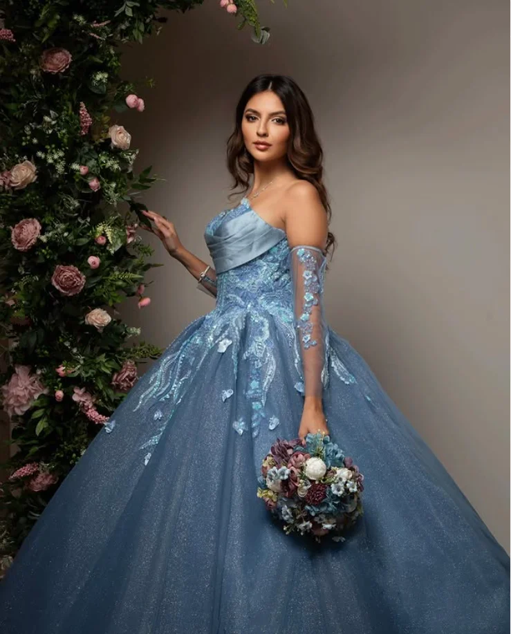 Sparkly Grey Blue Evening Formal Dresses Gillter Floral Applique Remove Sleeve Customsized Prom Gala Gown Customsized