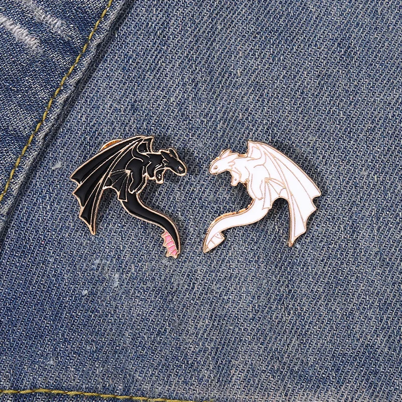 Monster Dragon Enamel Pins Custom Black White Western Dragon Brooches Lapel Badges Funny Puns Jewelry Gift for Kids Friends