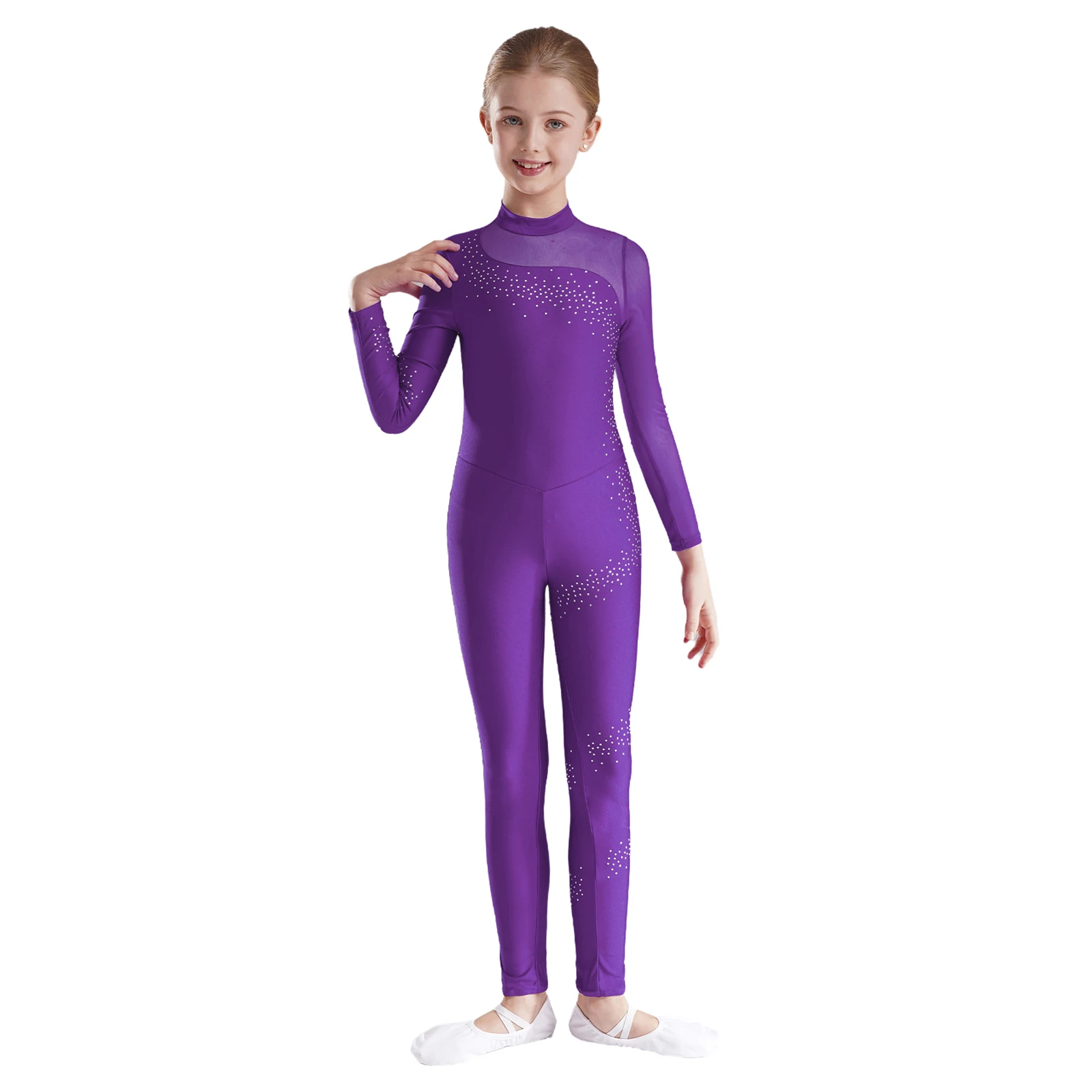 Kids Girls Figure Skating Gymnastics Leotards Dance Wear Teens Rhinestones Sheer Mesh Long Sleeve Gymnastics Jumpsuit Bodysuit