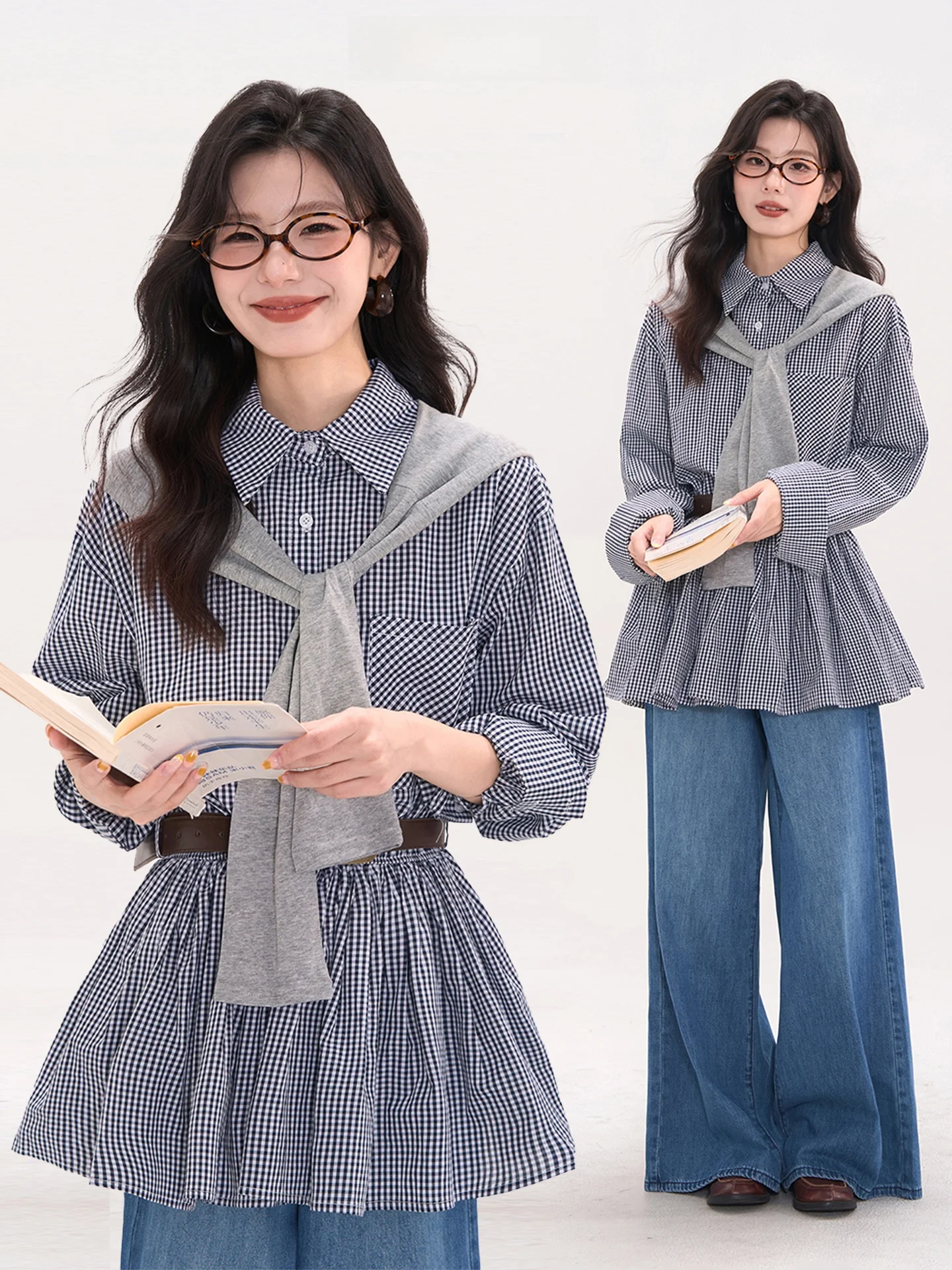 

Корейская клетчатая юбка-трапеция с длинным рукавом для женщин, весна-осень, из чистого хлопка, с эффектом омоложения