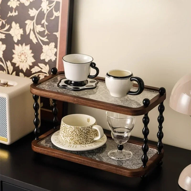 High-end retro style desktop double-layer cup holder solid wood household countertop cosmetics finishing spice rack