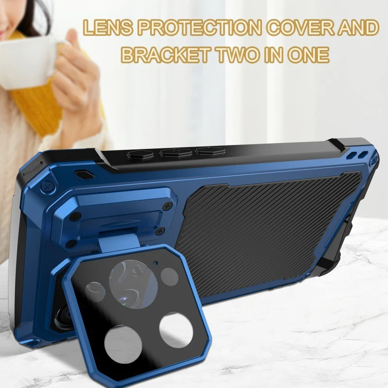 For iPhone 15 Pro Max ,15 Pro Case Heavy Duty Full Protection Armor Metal Lens Kickstand Cover With Free Screen Protector