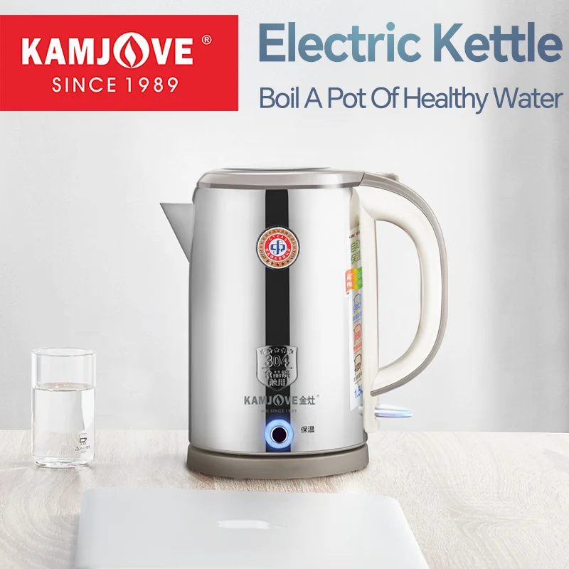 

KAMJOVE Large-Capacity 304 Full Stainless Steel Electric Kettle with Thermal Insulation, Integrated Auto Shut-Off Function