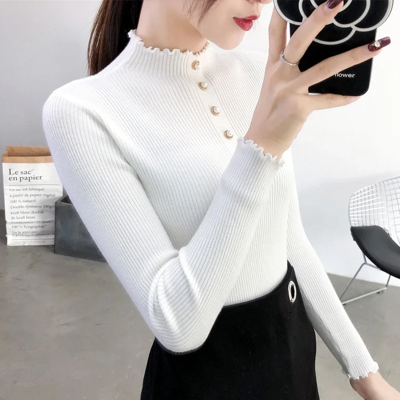 

2024 Autumn winter Women Mock Neck Ruffles Sweater Long Sleeve Knitted Bottoming Solid Pullovers button slim thin Casual Sweater