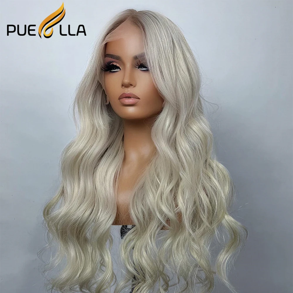 Puella-peruca longa de renda para mulheres, peruca loira ombre cinza, perucas transparentes de renda, cabelo brasileiro, 13x6, 13x4