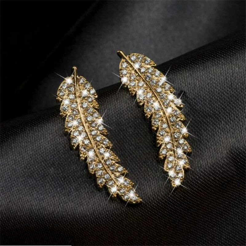 Luxury Feather Ear Climbers Cuff Earrings for Women Fashion Crystal Diamond Wedding Earring Party Jewelry Gift Pendientes Mujer