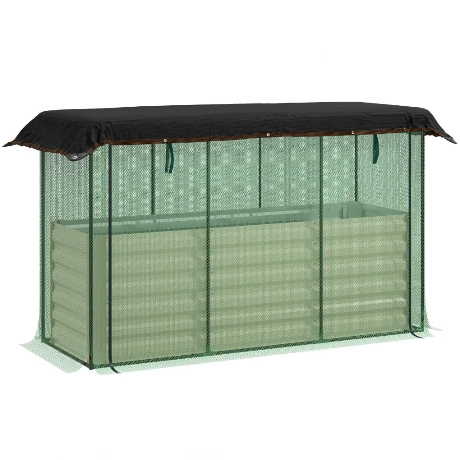 Galvanized Steel Planter Box with Crop Cage and Shade Cloth Raised Garden Bed for Flowers Veggies and Herbs Beige