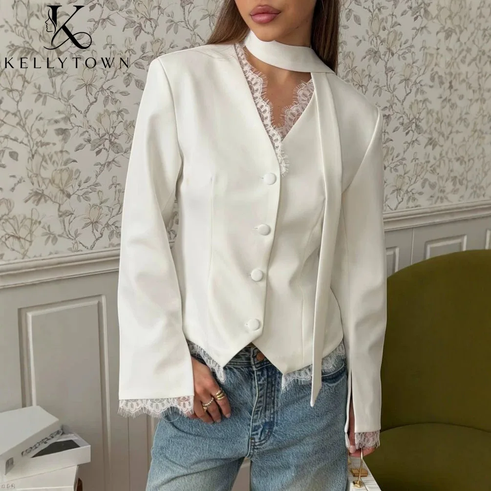 

2026 New Women Trim Lace Blazer V Neck Single Breasted White Blazers Blouse Autumn Winter Elegant Office Scarf Blazer Jacket