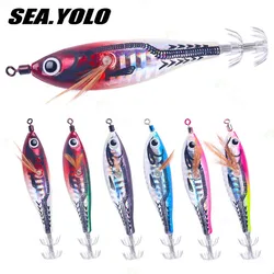 Sea.Yolo Horizontal Squid Trolling Lure Floating Luminous Squid Jigging Eging Wood Shrimp Hook Artificial Squid Lure for Fishing