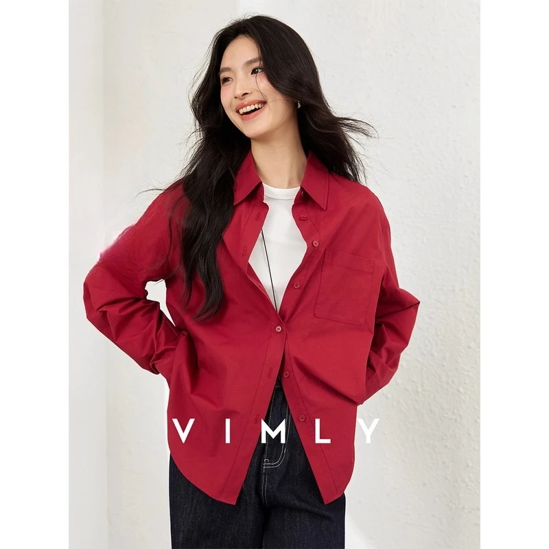 

VIMLY Pure Cotton Women Elegant Shirts 2025 Autumn New Long Sleeve Loose Ladies Shirt Polo Office Wear Button Woman Tops A1172