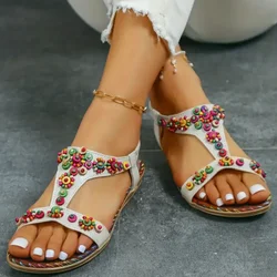 Beaded Flowers Flat Heeled Sandals Women Summer 2023 Plus Size Open Toe Bohemian Sandals Woman Elastic Strap Rome Shoes