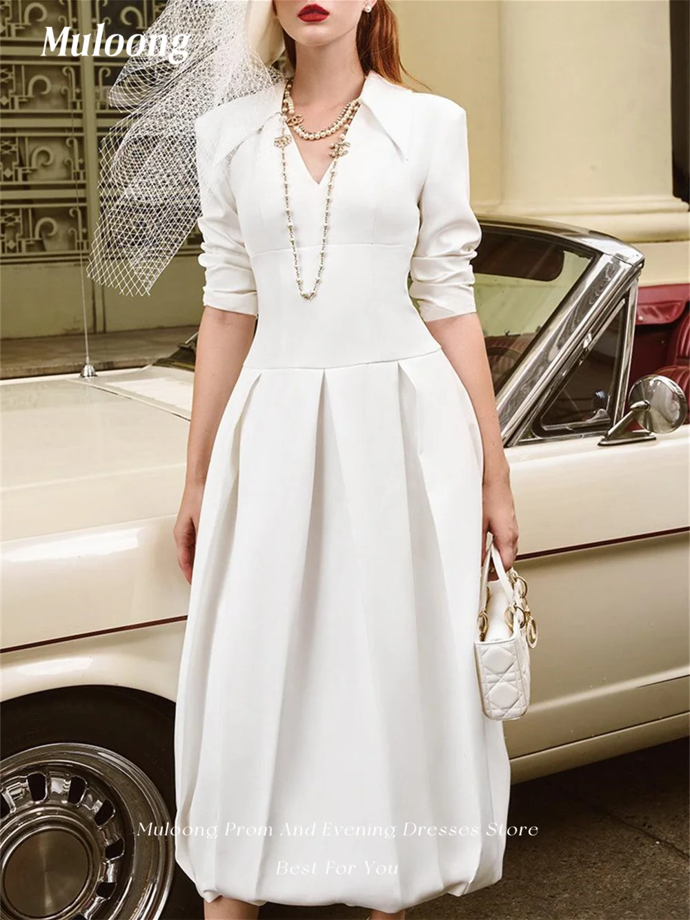 Muloong Gorgeous Dubai Bridal Gown Ivory White Ladies Long Sleeves Formal Occasion Evening Gown High-end Host Bud Dress