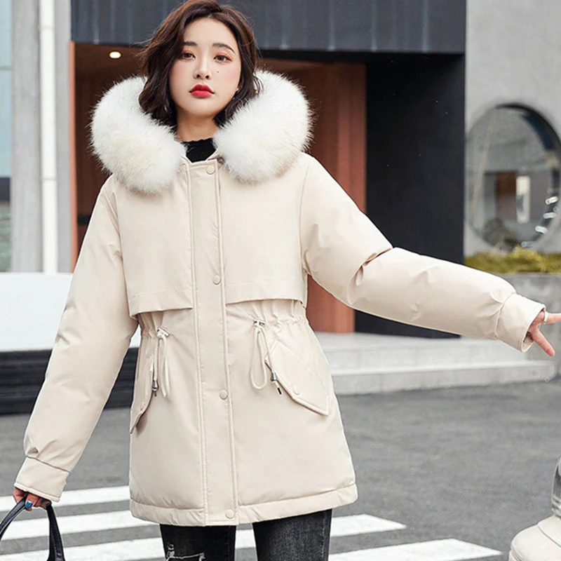 

2025 New Furry Collar Warm Parkas Women Slim Adjustable Waist Cotton Jackets for Woman Zipper Up Hooded Thicken Coats Female