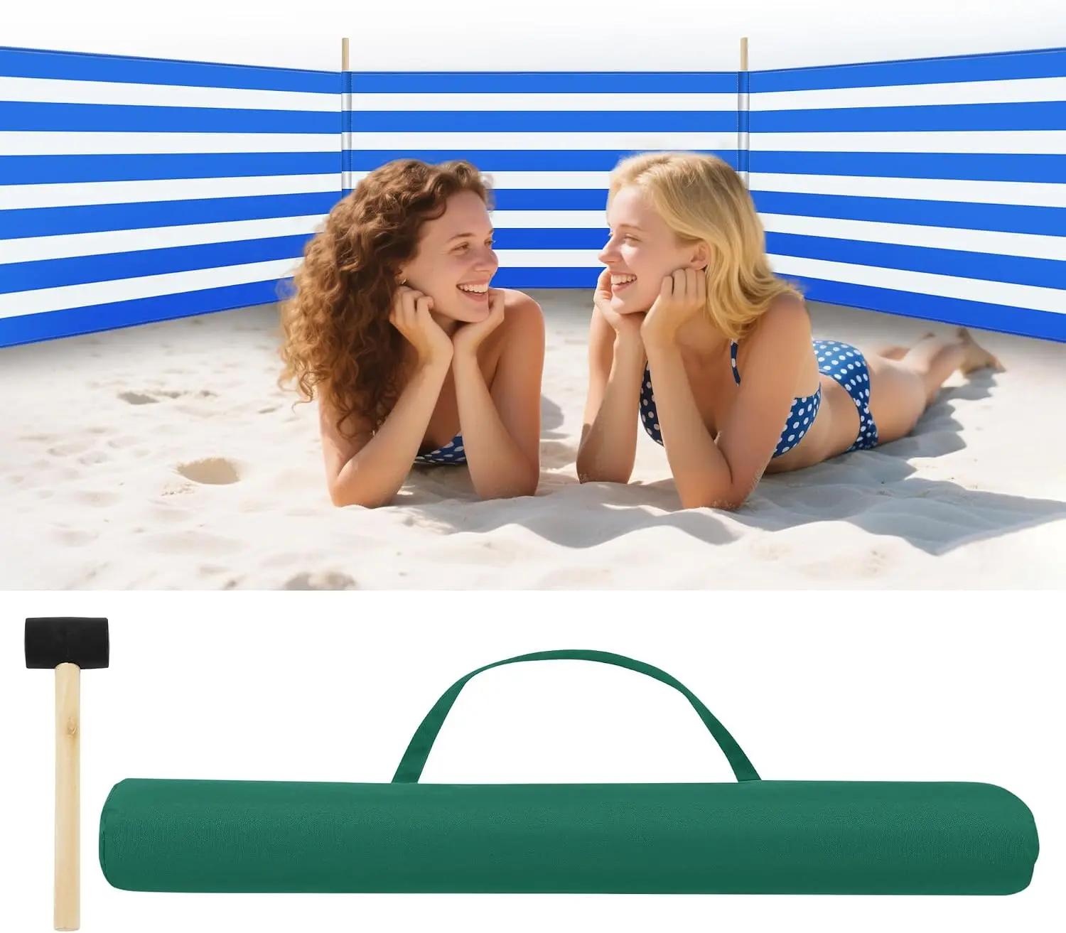 Paravientos de playa de 20 pies, azul y blanco, con 6 postes de madera dura, martillo de goma, bolsa de transporte, pantalla de privacidad para tomar el sol, protección contra la arena, azul y blanco
