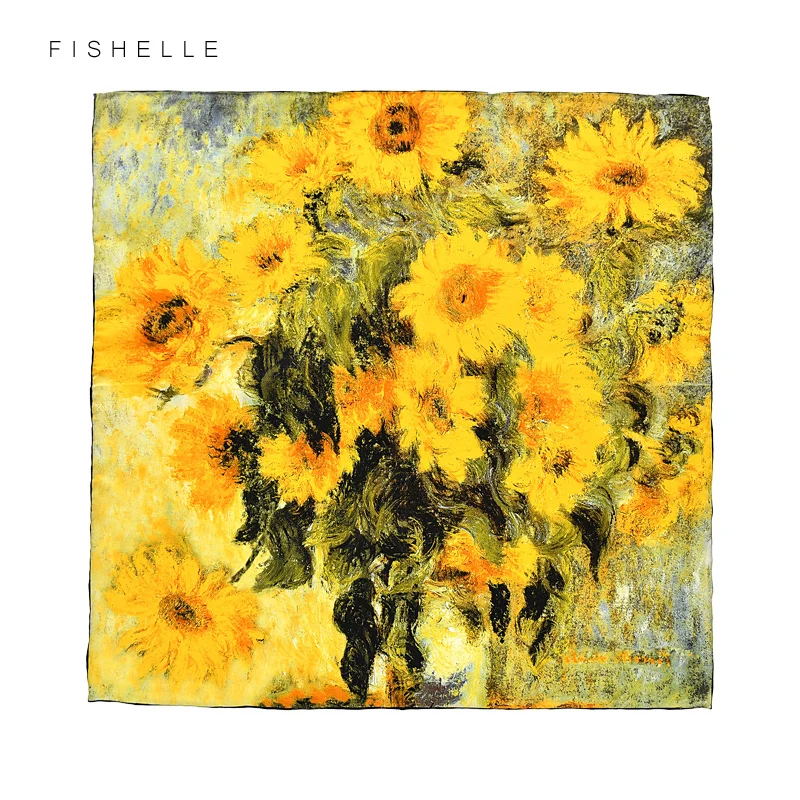 

Yellow oil painting sunflower 100% real silk small square scarf women 50x50 square hijab shawl ladies spring summer